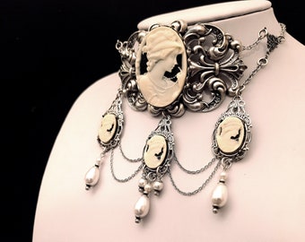 Victorian choker with cream cameos and off white pearls