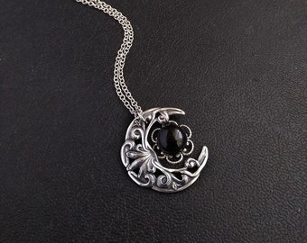 Black Onyx Pendant, Witchy Clothing, Silver Crescent moon Necklace, art nouveau jewelry