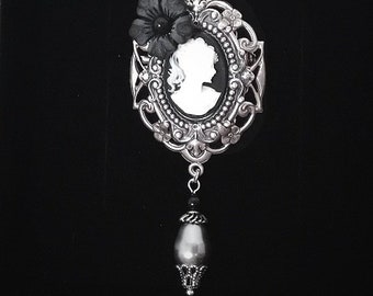 Black Cameo Brooch, Gift for women Black Lolita brooch, Jewelry for women, victorian brooch, Elegant Gothic Lolita, Black Pearls, shawl pin