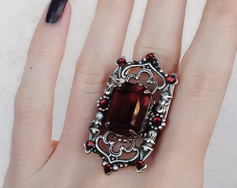 Red octagon crystal ring, Gothic Ring, Vampire Jewelry, Victorian Gothic Jewelry, Cocktail Ring Silver Filigree, dracula ring