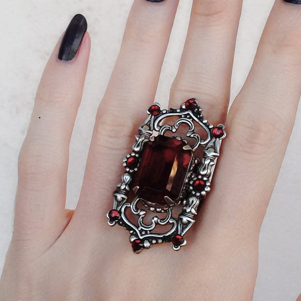 Red octagon crystal ring, Gothic Ring, Vampire Jewelry, Victorian Gothic Jewelry, Cocktail Ring Silver Filigree, dracula ring