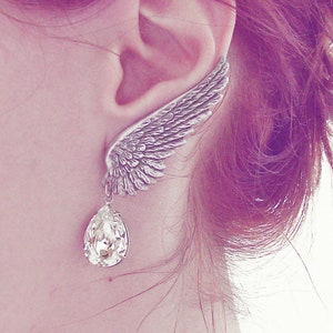 Angel Wing Earrings, Ear Climber, Silver Clip On Earrings, clear Crystal