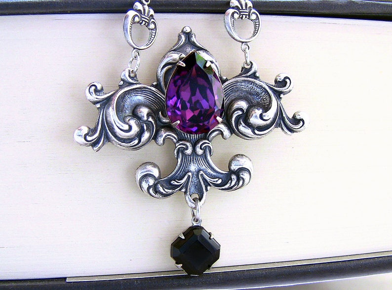 Purple Gothic necklace, gothic jewelry, Fleur De Lis necklace, silver victorian necklace for women image 4