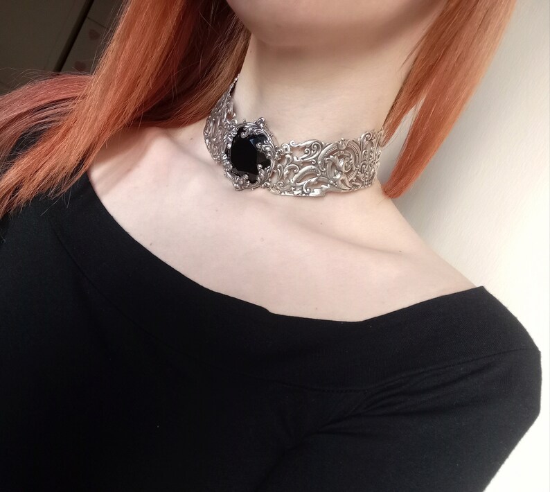 Hematite choker, Evening necklace, Statement choker, special occasion, formal necklace, oxidized silver filigree necklace image 5