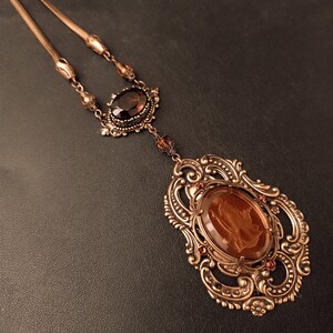 Unique Intaglio necklace, Brass necklace with brown and orange jewels, snake chain, smoked topaz, vintage style necklace, dark academia image 5