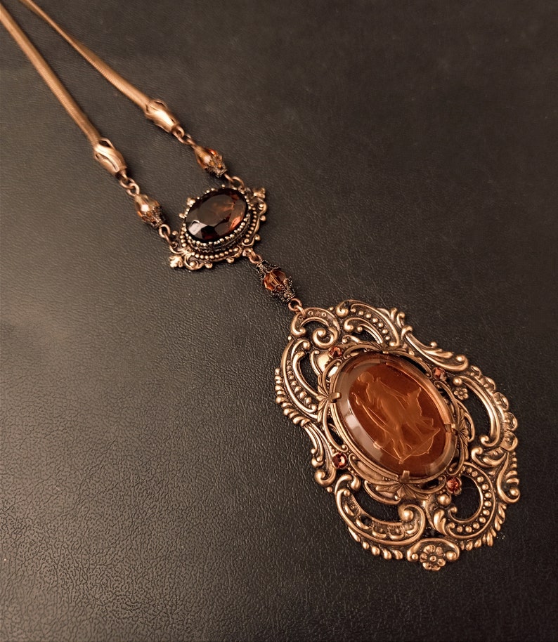 Unique Intaglio necklace, Brass necklace with brown and orange jewels, snake chain, smoked topaz, vintage style necklace, dark academia image 5