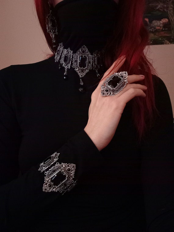 Gothic Wedding Jewelry Set Gothic Choker Necklace Black Earrings