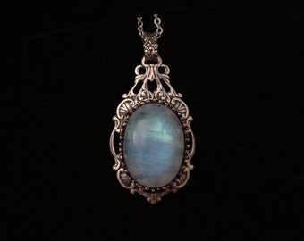 Blue Moonstone Necklace, Gothic jewelry, simple bridal necklace, white stone necklace, moonstone pendant, Gothic Necklace