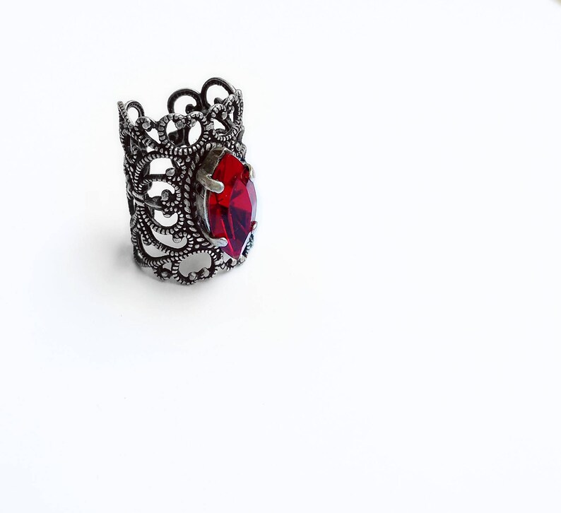 Red Knuckle Ring Silver Filigree Midi Ring Gothic Ring Victorian Gothic Jewelry image 2