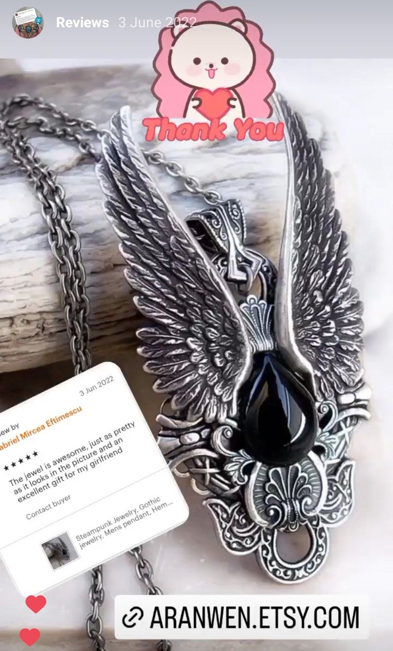 Black Onyx necklace, Angel Wings Necklace, Gothic Jewelry, Vampire Jewelry, Gothic pendant, black onyx pendant image 6