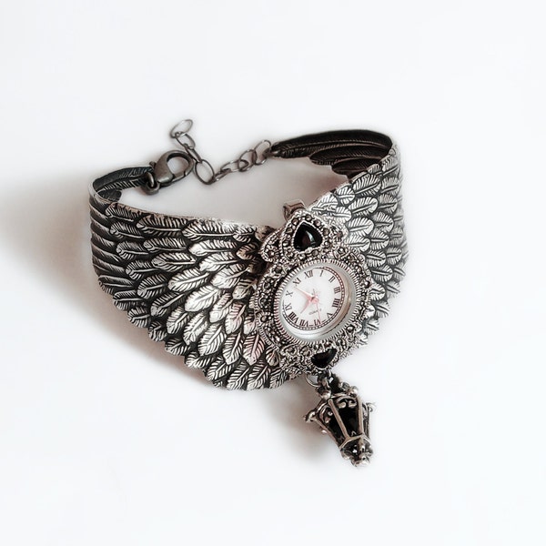 Silver Wings Watch Womens Gothic Wrist Watch Bracelet Mother of Pearl Marcasite Silver Lamp Swarovski Crystal Angel Wings Gothic Jewelry