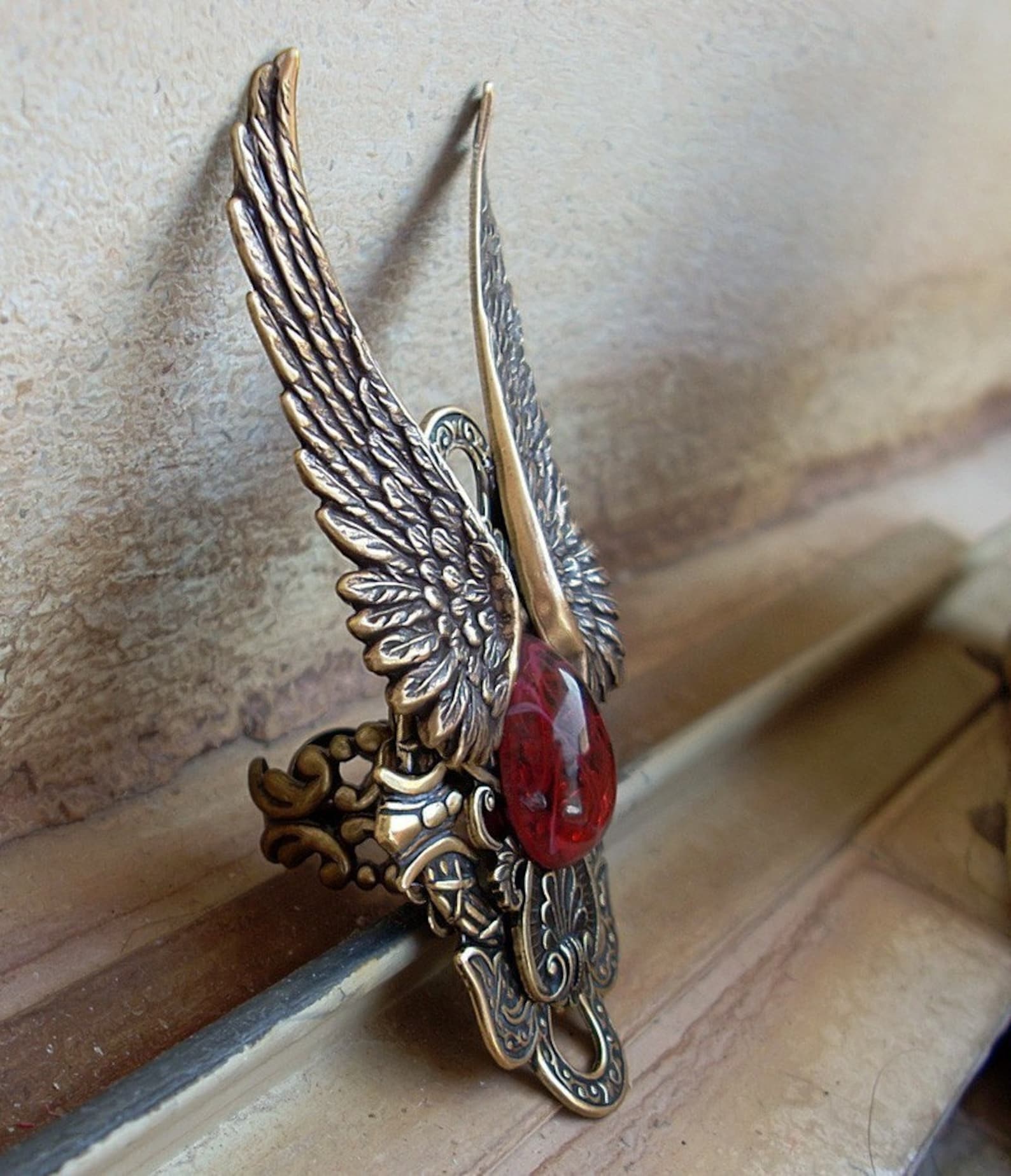 Large Angel Wings Ring // Antique Gold Statement Red Ring // Etsy