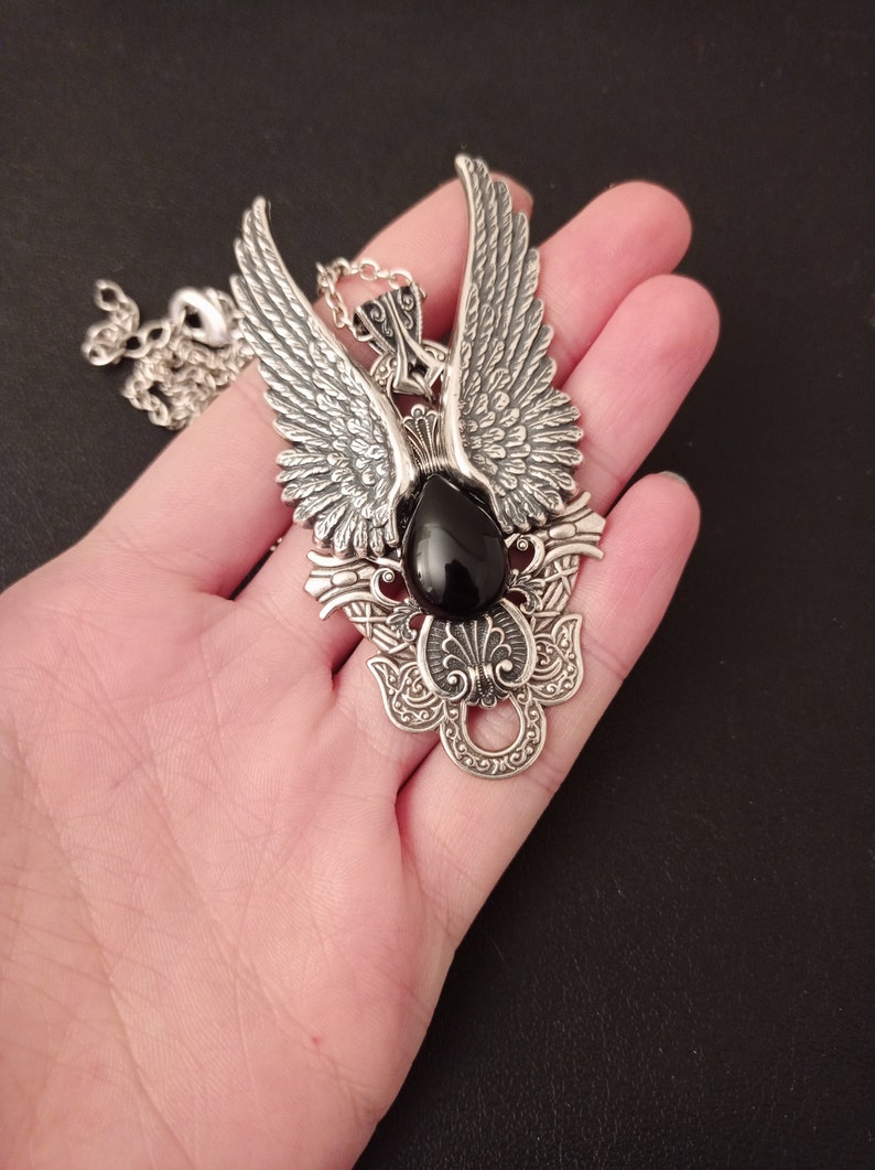 Black Onyx necklace, Angel Wings Necklace, Gothic Jewelry, Vampire Jewelry, Gothic pendant, black onyx pendant image 7