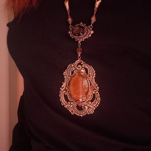 Unique Intaglio necklace, Brass necklace with brown and orange jewels, snake chain, smoked topaz, vintage style necklace, dark academia image 7