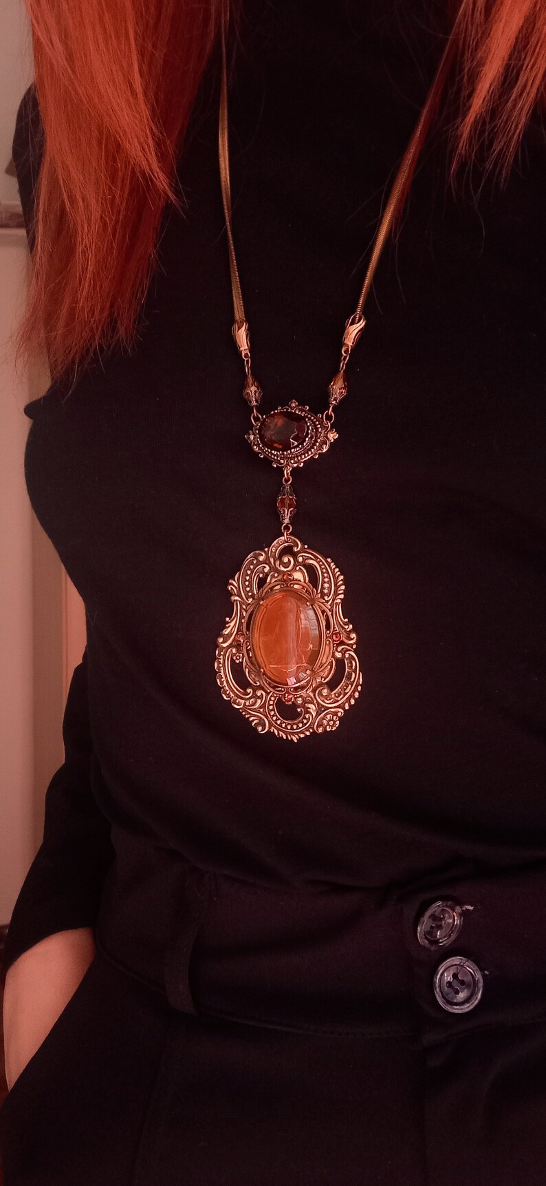 Unique Intaglio necklace, Brass necklace with brown and orange jewels, snake chain, smoked topaz, vintage style necklace, dark academia image 7