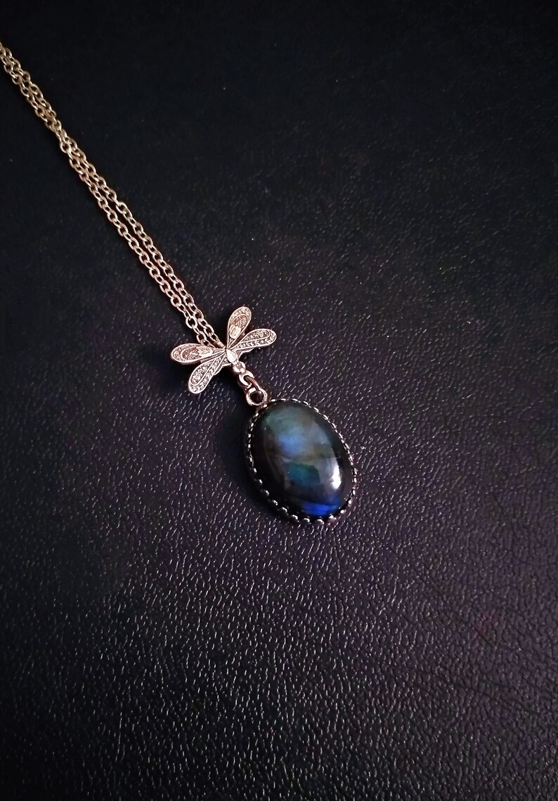 Blue Labradorite Necklace, Gothic Jewelry, Silver Dragonfly Jewelry image 1