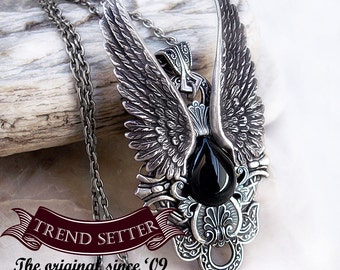 Black Onyx necklace, Angel Wings Necklace, Gothic Jewelry, Vampire Jewelry, Gothic pendant, black onyx pendant