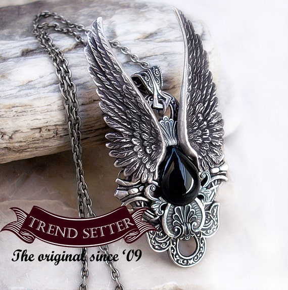 Black Onyx Necklace Angel Wings Necklace Gothic Jewelry Vampire