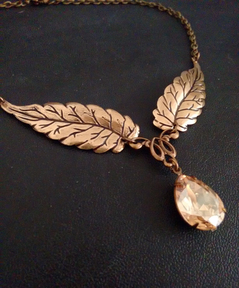 Brass Leaf necklace, Woodlands Jewelry, Fairy Jewelry forest nymph, gold crystal leaf necklace brass autumn necklace, fall jewelry image 2