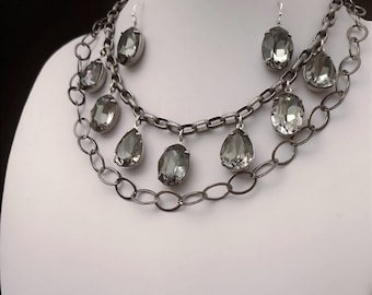 Gray necklace, crystal necklace, gunmetal chunky chain, bib necklace, statement necklace, chunky necklace, black diamond necklace