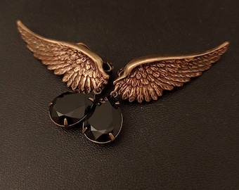 Bass Angel Wing Ear klimmers zwarte kristallen drop messing bruiloft clip op oorbellen Steampunk sieraden verklaring bungelen