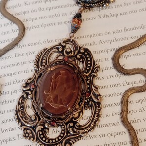 Unique Intaglio necklace, Brass necklace with brown and orange jewels, snake chain, smoked topaz, vintage style necklace, dark academia image 2