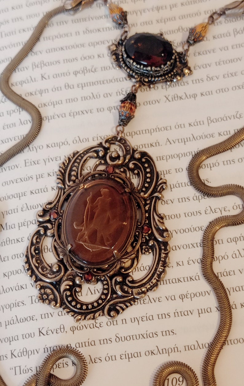 Unique Intaglio necklace, Brass necklace with brown and orange jewels, snake chain, smoked topaz, vintage style necklace, dark academia image 2