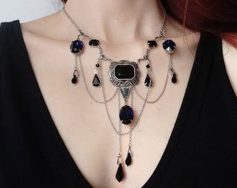 Collier en cristal noir et violet, collier gothique, collier vampire, bijoux gothiques