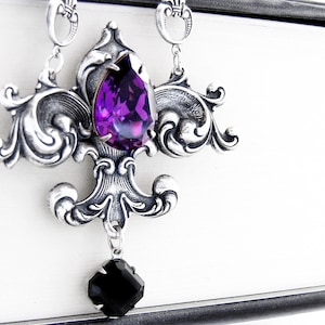 Purple Gothic necklace, gothic jewelry, Fleur De Lis necklace, silver victorian necklace for women Purple (Shown)