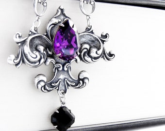 Purple Gothic necklace, gothic jewelry, Fleur De Lis necklace, silver victorian necklace for women