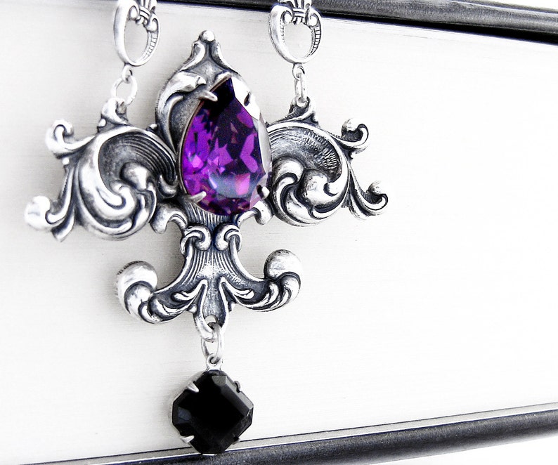 Purple Gothic necklace, gothic jewelry, Fleur De Lis necklace, silver victorian necklace for women Purple (Shown)