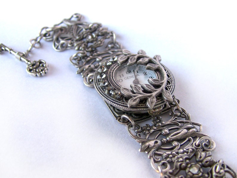 Vintage Watch, Silver womens watch with Gray Crystals, unique watches for women, gothic watch image 2