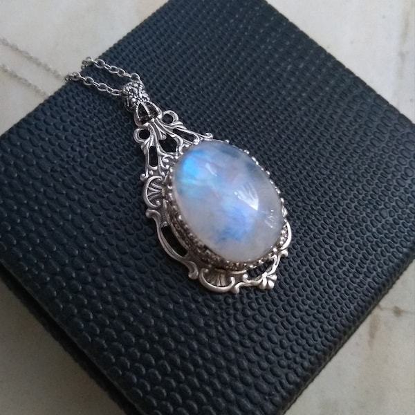 Blue Moonstone Necklace, Gothic jewelry, simple bridal necklace, white stone necklace, moonstone pendant, Gothic Necklace