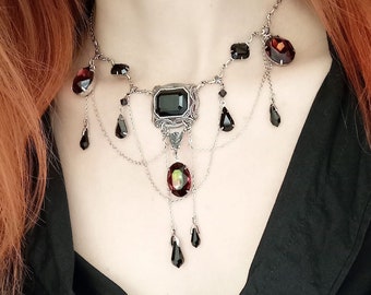 Black and Burgundy Crystal Bib necklace Vampire Necklace Gothic Jewelry Dark Red and Draping Chains