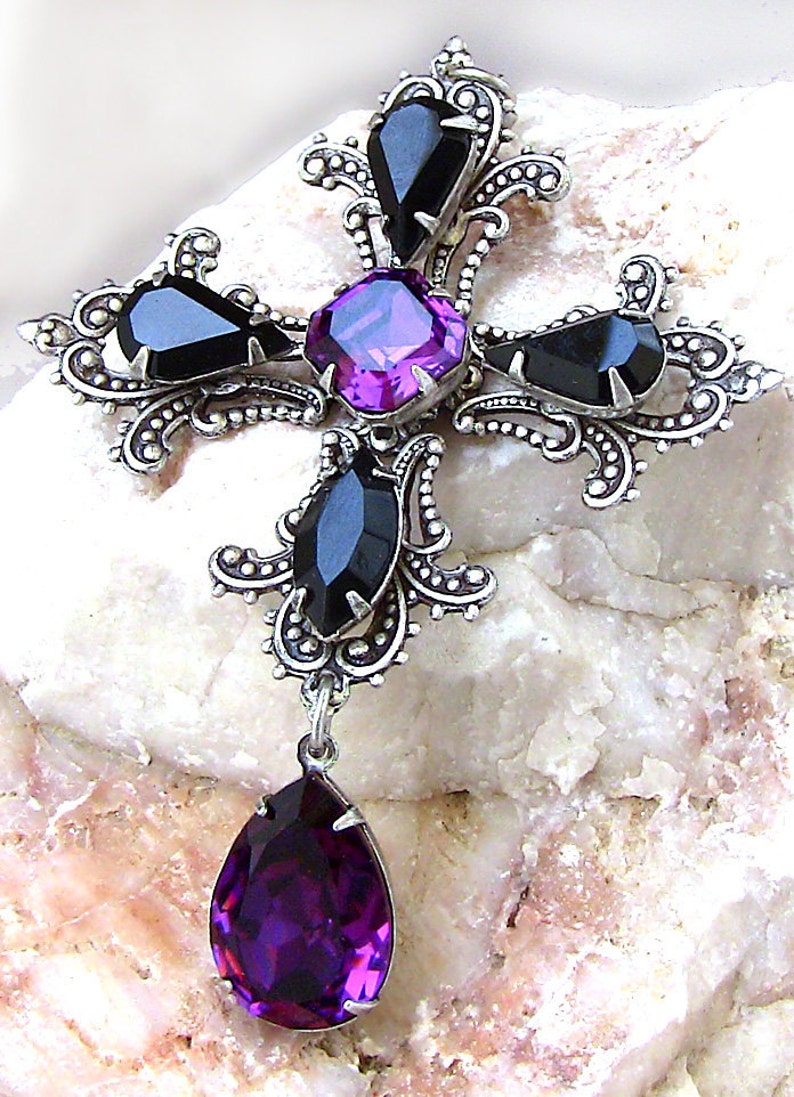 Gothic Cross Necklace, Large Cross Pendant, Purple and Black Cross Necklace, Gothic jewelry image 8