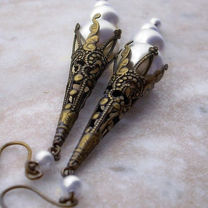 Filigree Earrings Long Pearl Earrings Brass Dangle Earrings Bridal Earrings Crystal Pearls Victorian Jewelry aranwen image 3