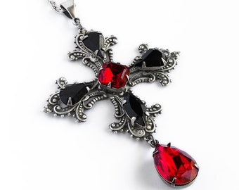 Gothic Cross Necklace, Black cross Necklace, Gothic Jewelry, Silver Pendant Womens Mens