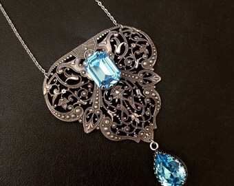 Aquamarine crystal necklace, belle epoque necklace, silver filigree, vintage style necklace, Victorian jewelry