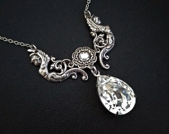 Silver clear crystal Necklace, Valkyries Angels Wings Goddess, silver gothic Jewelry