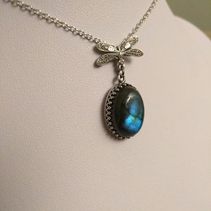 Blue Labradorite Necklace, Gothic Jewelry, Silver Dragonfly Jewelry image 3