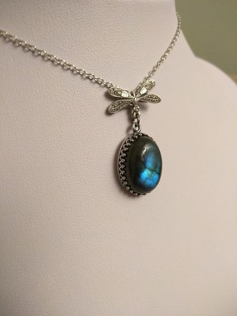 Blue Labradorite Necklace, Gothic Jewelry, Silver Dragonfly Jewelry image 3