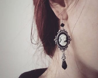 Black Cameo Earrings, Long dangle drop earrings, Silver earrings, Gothic Jewelry, Victorian Jewelry, old money