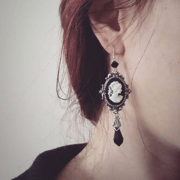 Black Cameo Earrings, Long dangle drop earrings, Silver earrings, Gothic Jewelry, Victorian Jewelry, old money