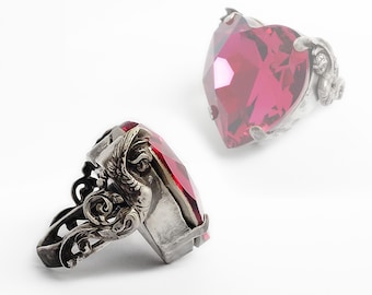 Pink Crystal Heart Ring Gothic Ring Fuchsia gothic jewelry statement ring silver valkyries angel goddess fantasy myth