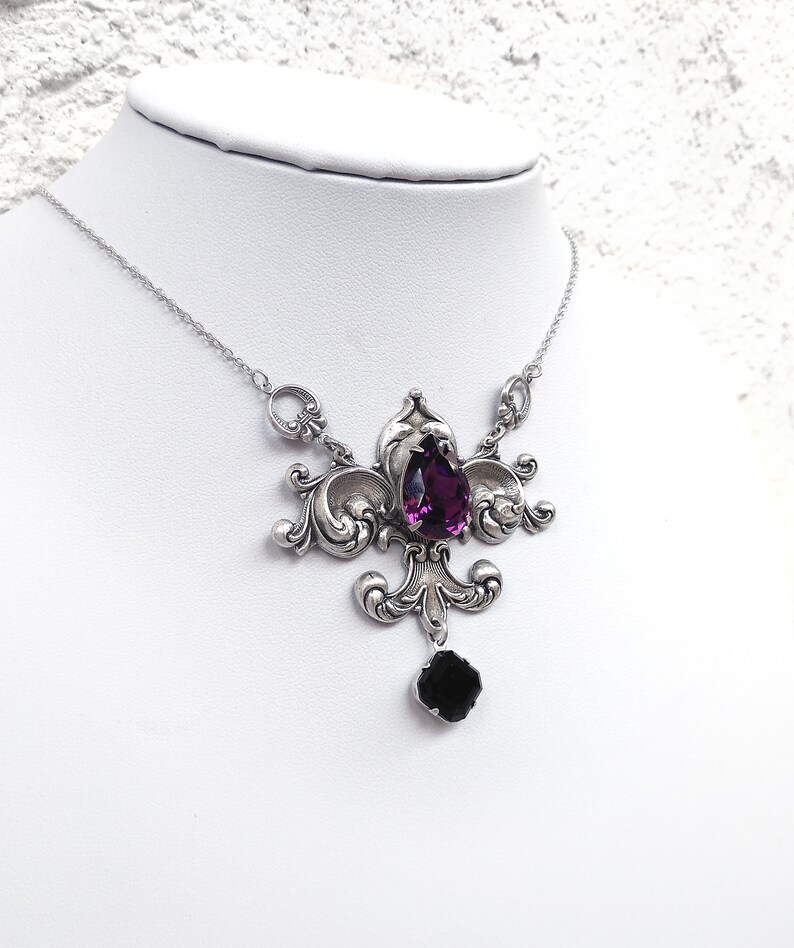 Purple Gothic necklace, gothic jewelry, Fleur De Lis necklace, silver victorian necklace for women image 5