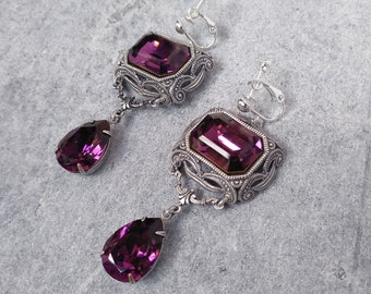 Long Purple crystal Estate Earrings, Octagon Emerald cut Dangle Drop Earrings