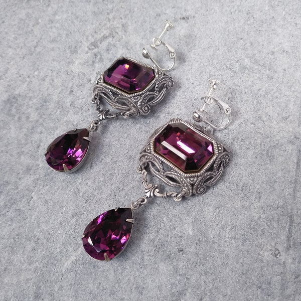 Long Purple crystal Estate Earrings, Octagon Emerald cut Dangle Drop Earrings