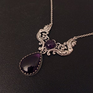 Natural Amethyst Necklace, Purple Necklace, Silver Victorian Gothic necklace, Angels Goddess Jewelry, Gemstone necklace