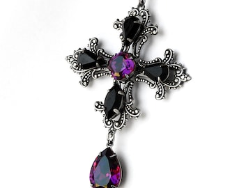 Gothic Cross Necklace, Large Cross Pendant, Purple and Black Cross Necklace, Gothic jewelry