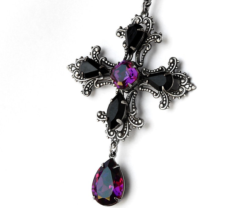 Gothic Cross Necklace, Large Cross Pendant, Purple and Black Cross Necklace, Gothic jewelry image 1